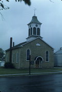 MAIN AND CHURCH STS., a Romanesque Revival church, built in Linden, Wisconsin in 1851.