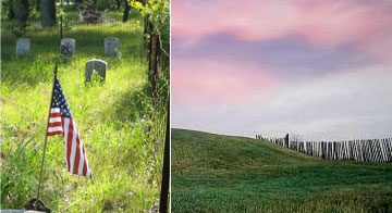 Tuttle cemetery with flag, mound at sunset at Aztalan State Park.