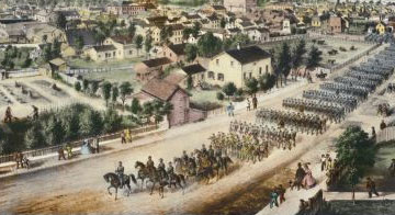Birds-eye painting of a Wisconsin Civil War regiment in a parade.