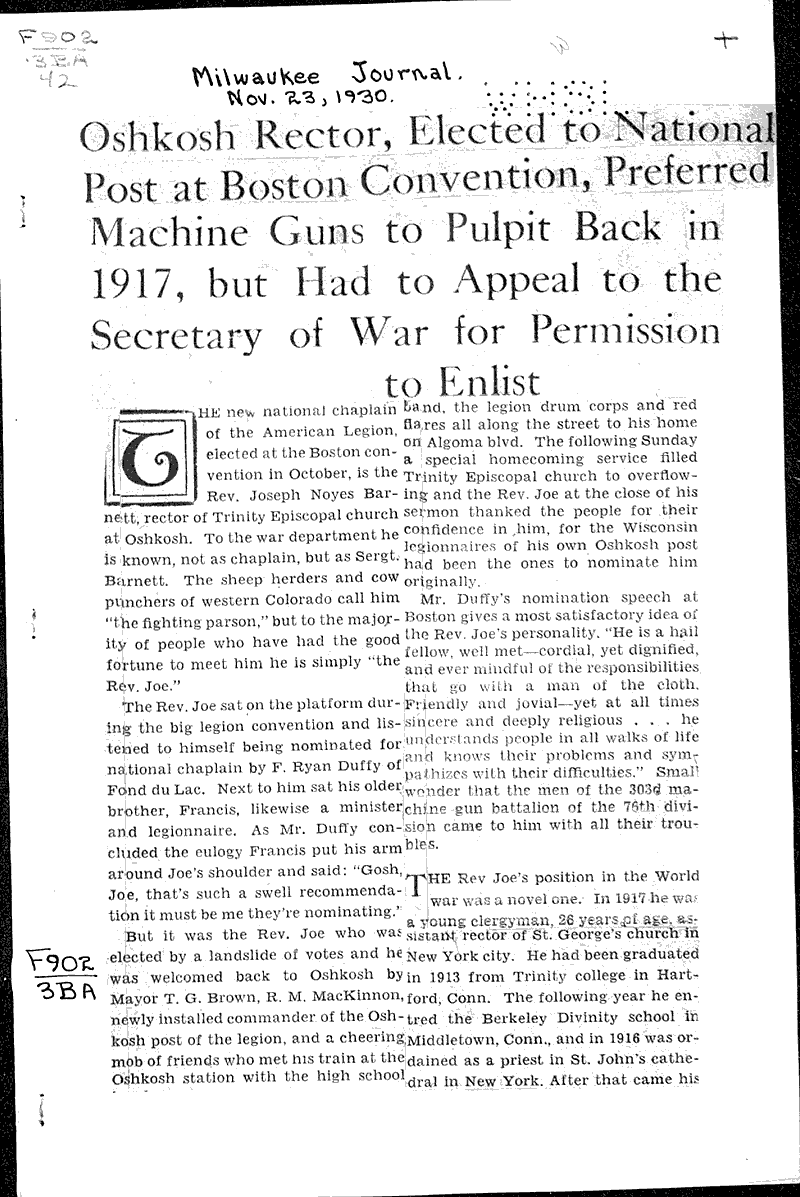  Source: Milwaukee Journal Topics: Wars Date: 1930-11-23