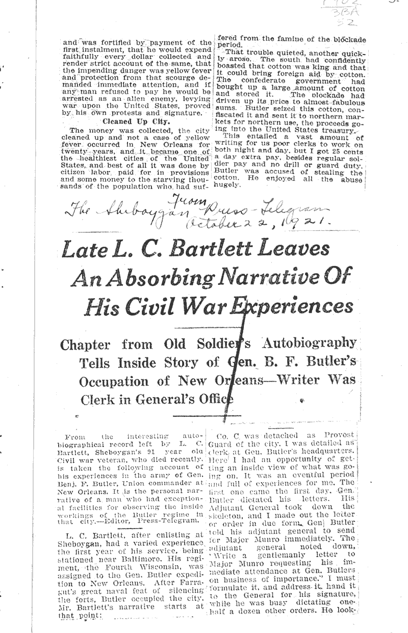  Source: Sheboygan Press-Telegram Topics: Civil War Date: 1921-10-22