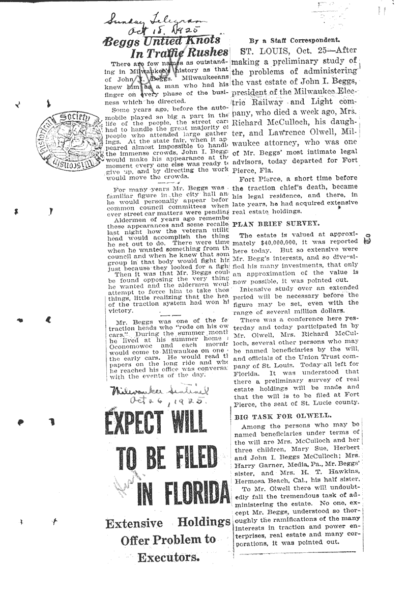  Source: Milwaukee Sunday Telegram Topics: Industry Date: 1925-10-18