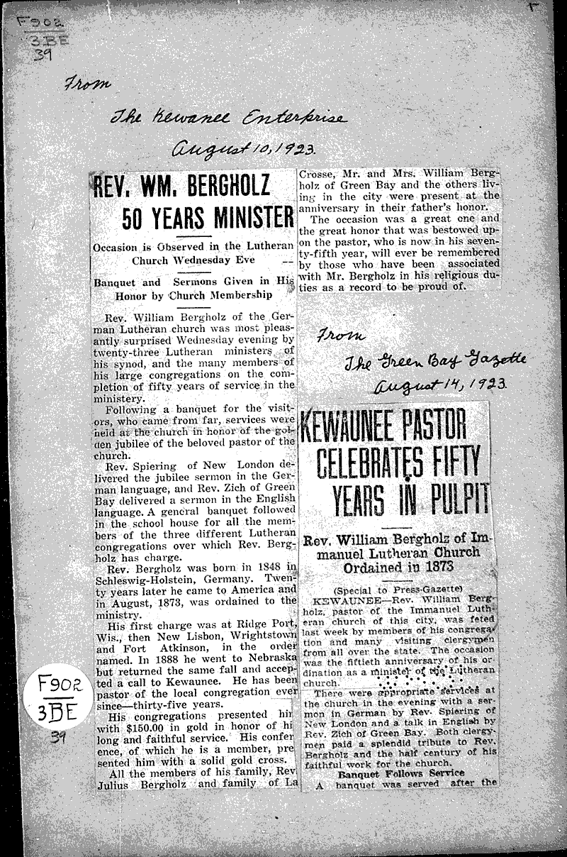  Source: Kewaunee Enterprise Topics: Church History Date: 1923-08-10