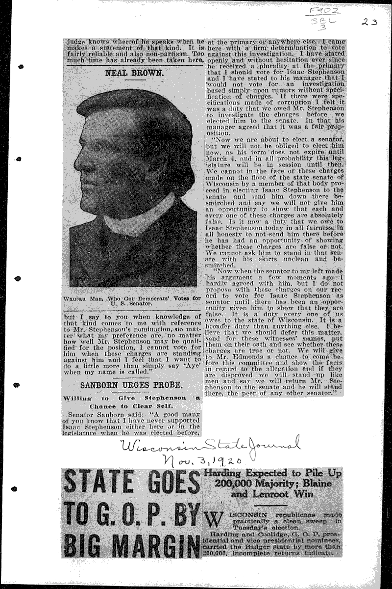  Source: Wisconsin State Journal Topics: Government and Politics Date: 1920-11-03