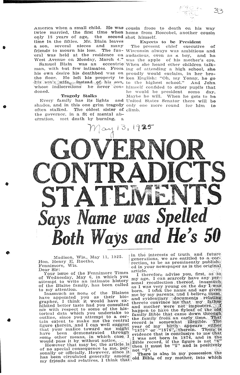  Source: Fennimore Times Topics: Government and Politics Date: 1925-05-06