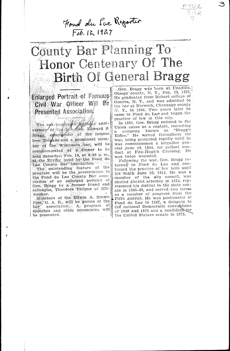  Source: Fond du Lac Daily Reporter Topics: Civil War Date: 1927-02-12