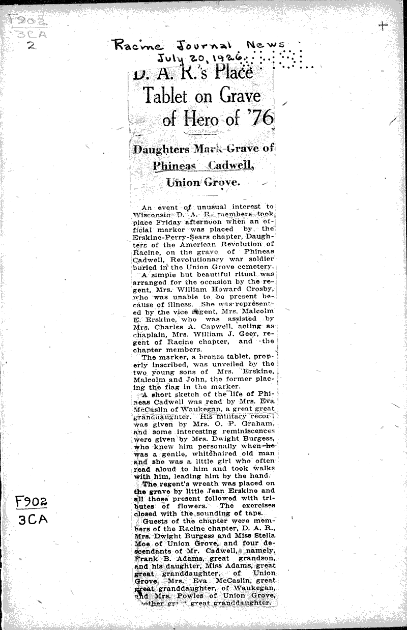  Source: Racine Journal-News Topics: Wars Date: 1926-07-20
