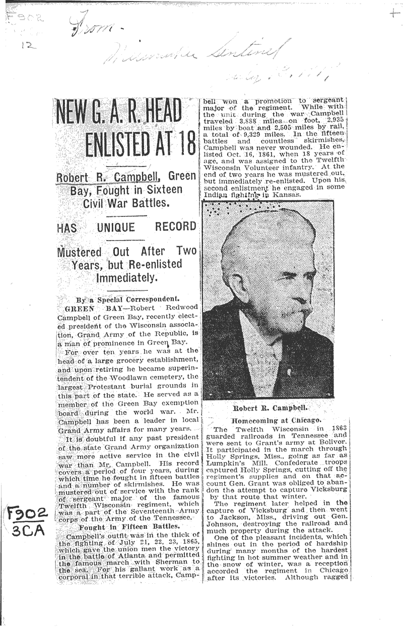  Source: Milwaukee Sentinel Topics: Civil War Date: 1919-07-13