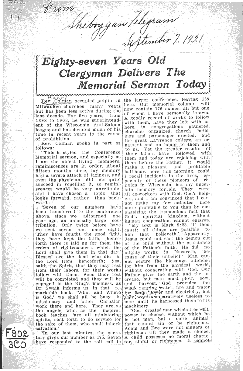  Source: Sheboygan Telegram Topics: Church History Date: 1921-09-07