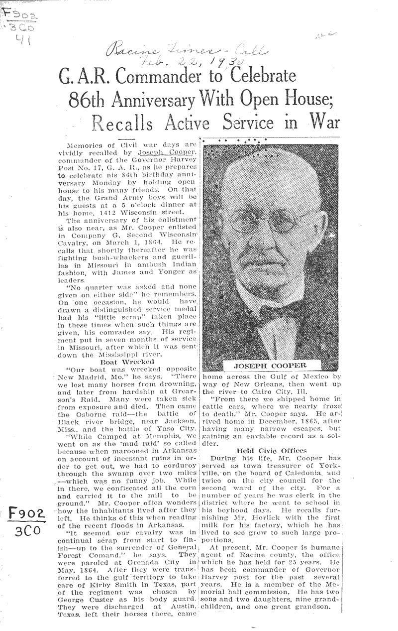  Source: Racine Times Call Topics: Civil War Date: 1930-02-22