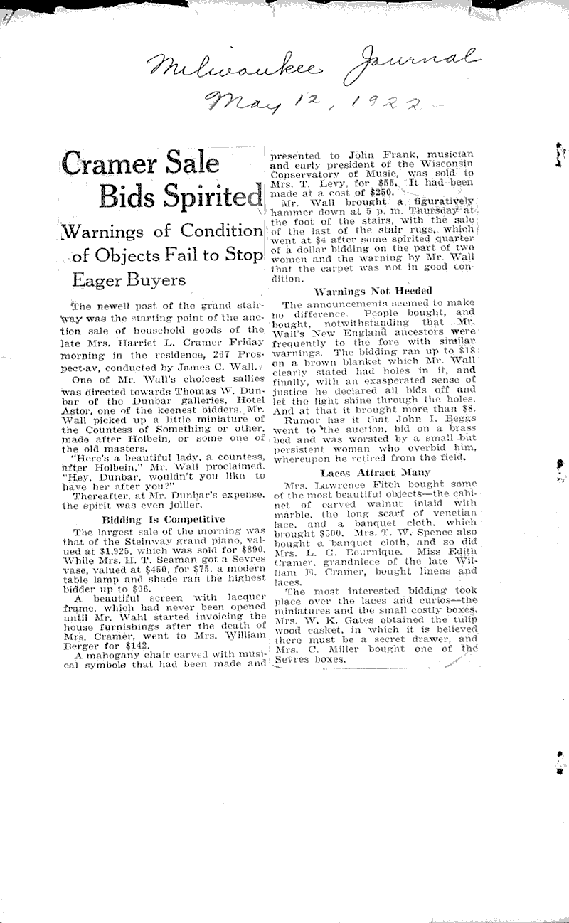  Source: Milwaukee Journal Topics: Art and Music Date: 1922-05-12
