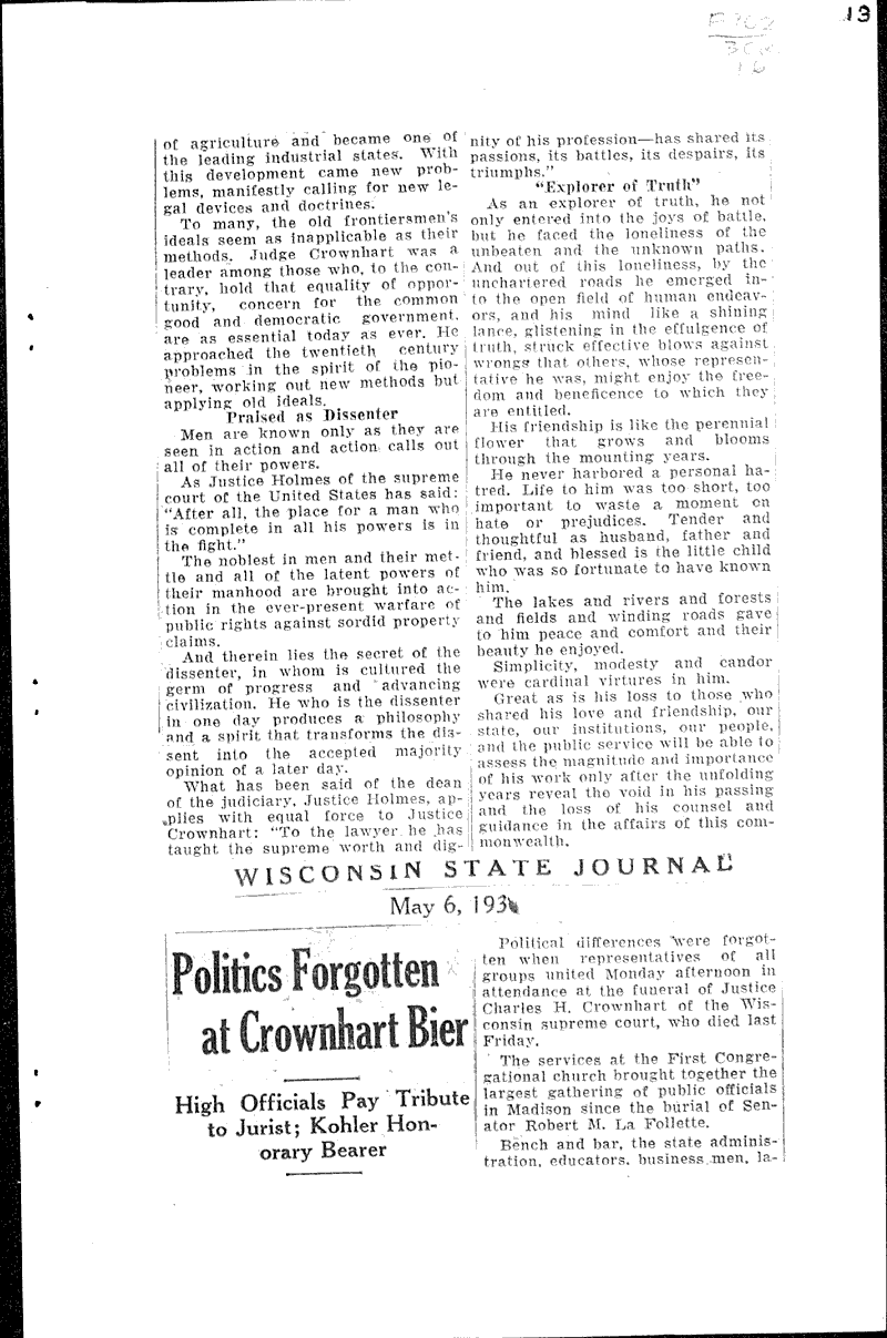  Source: Wisconsin State Journal Topics: Government and Politics Date: 1930-05-06