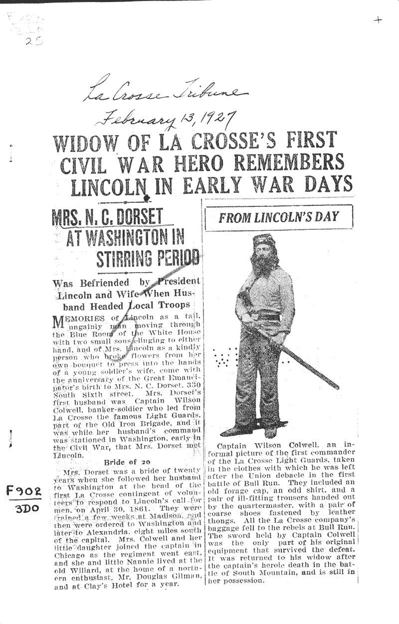  Source: LaCrosse Tribune Topics: Civil War Date: 1927-02-13