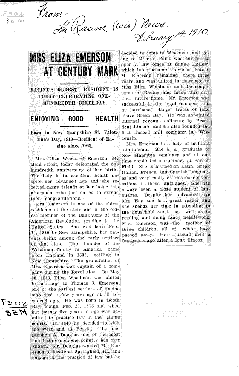  Source: Racine News Date: 1910-02-14