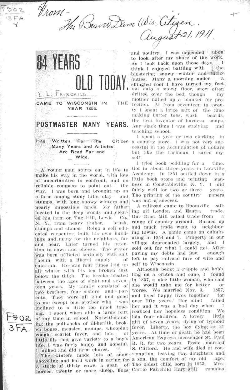  Source: Beaver Dam Daily Citizen Date: 1911-08-21