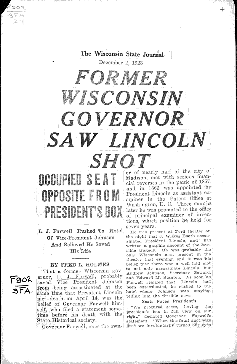  Source: Wisconsin State Journal Topics: Civil War Date: 1923-12-02