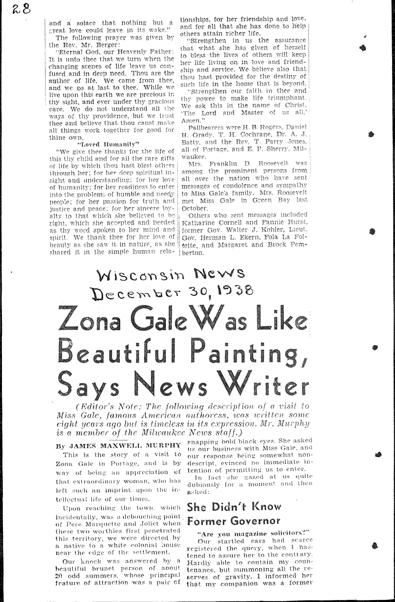  Source: Wisconsin News Topics: Art and Music Date: 1938-12-30