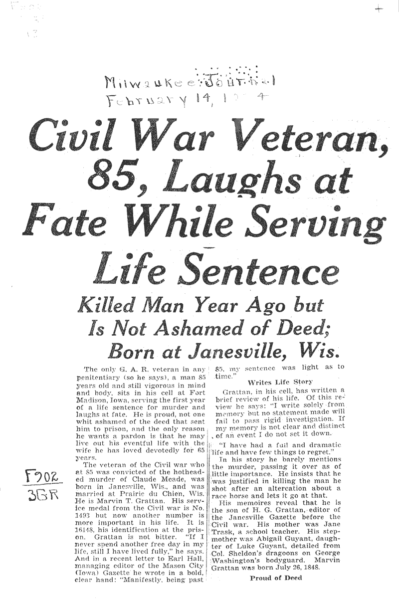  Source: Milwaukee Journal Topics: Civil War Date: 1934-02-14