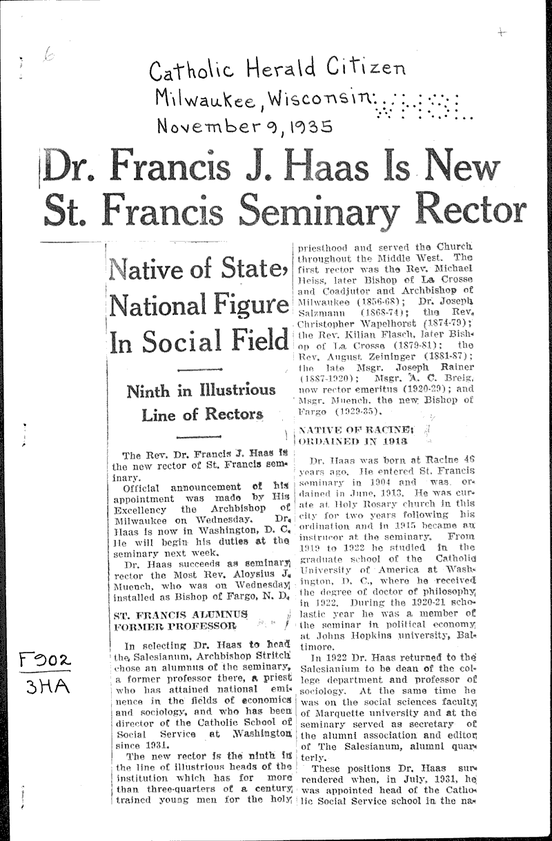  Source: Catholic Herald Citizen Topics: Church History Date: 1935-11-09