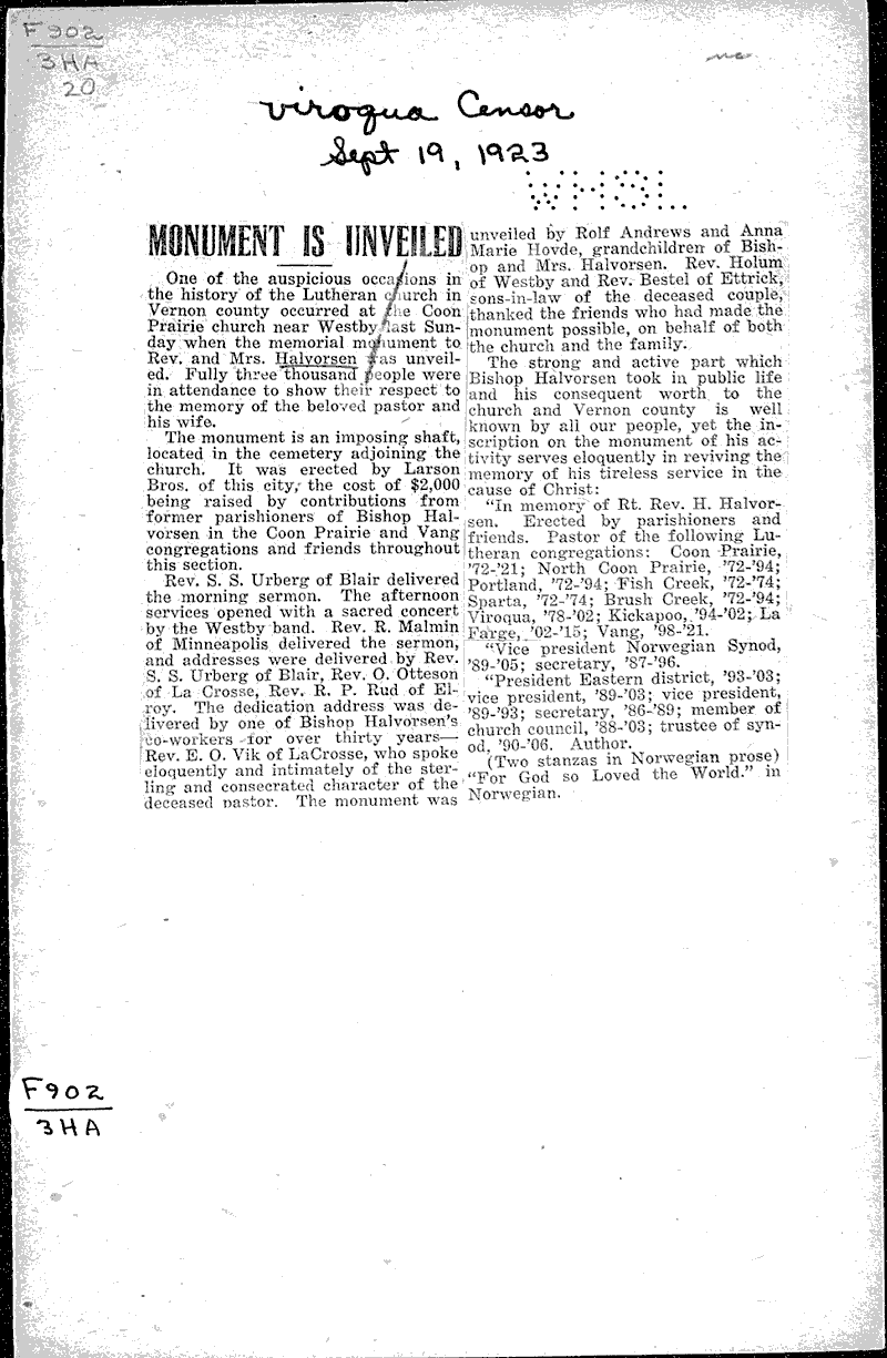  Source: Viroqua Censor Topics: Church History Date: 1923-09-19