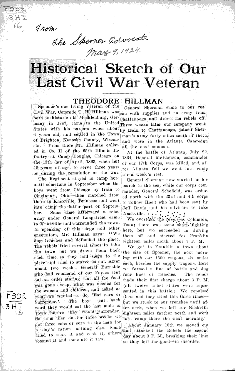  Source: Spooner Advocate Topics: Civil War Date: 1924-05-09