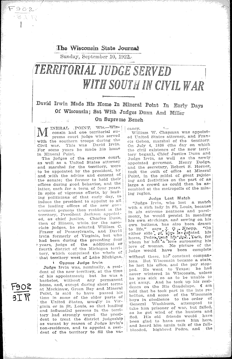  Source: Wisconsin State Journal Topics: Civil War Date: 1922-09-10