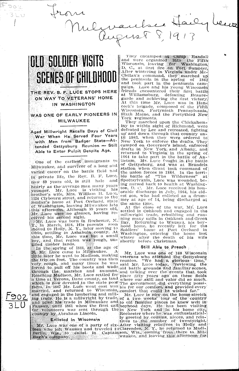  Source: Milwaukee Daily News Topics: Civil War Date: 1913-08-08