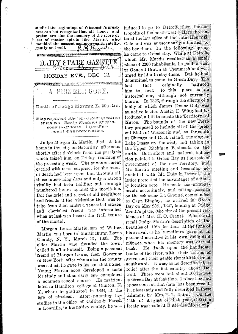 Source: Green Bay Gazette Topics: Government and Politics Date: 1887-12-12