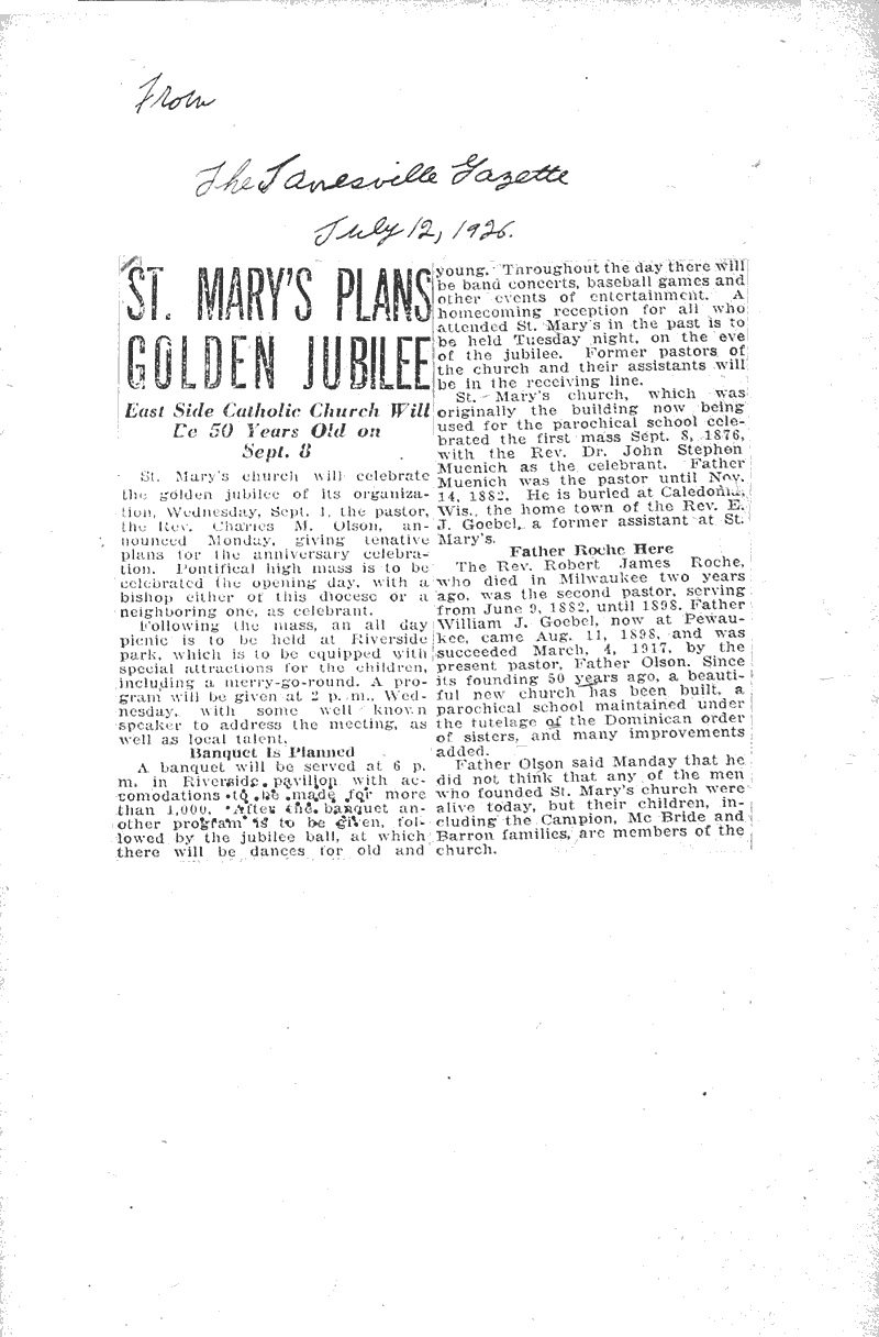  Source: Janesville Gazette Topics: Church History Date: 1928-07-12