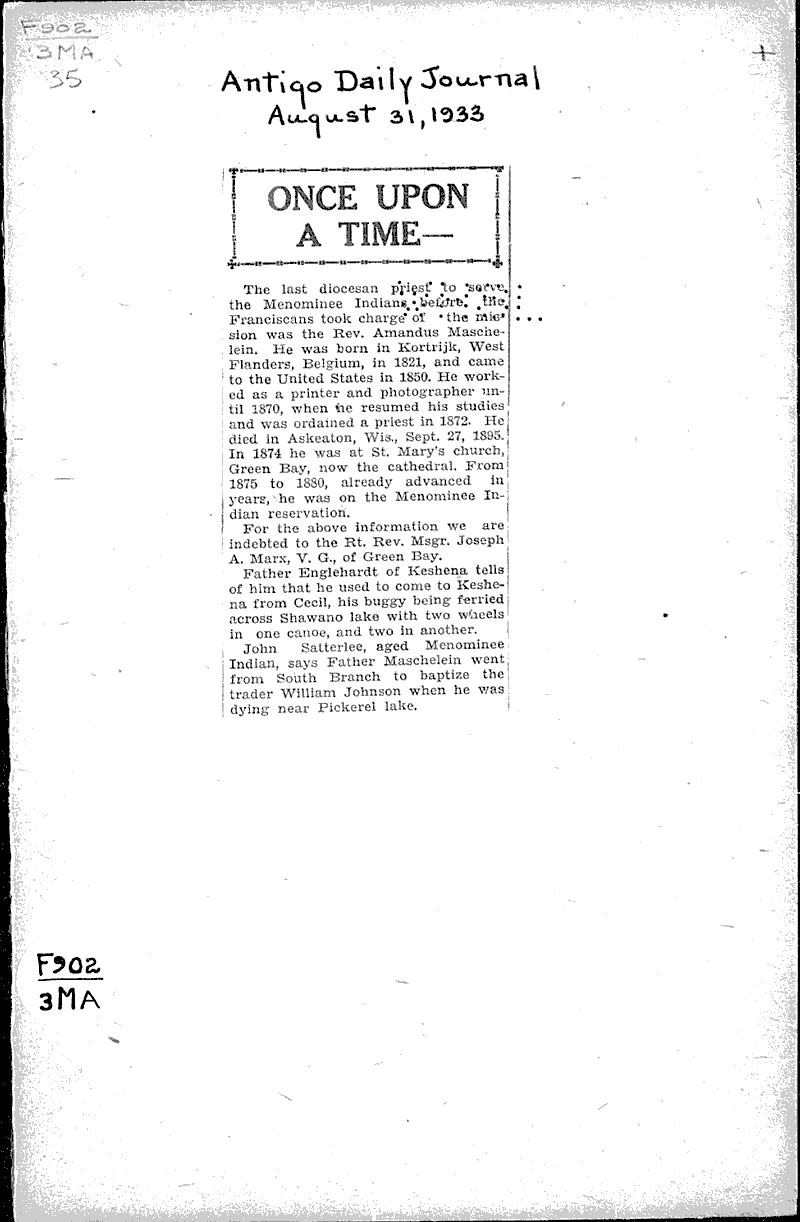  Source: Antigo Daily Journal Topics: Church History Date: 1933-08-31
