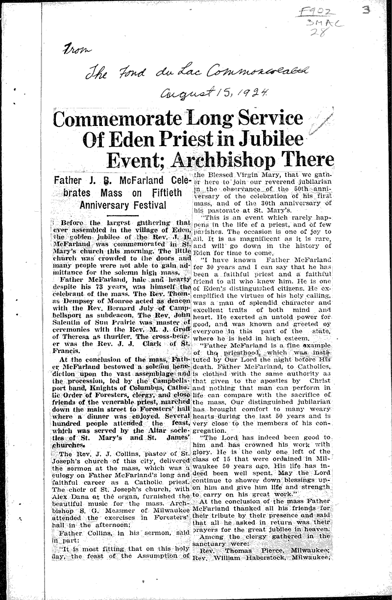  Source: Fond du Lac Commonwealth Topics: Church History Date: 1924-08-15