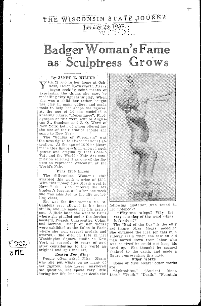  Source: Wisconsin State Journal Topics: Art and Music Date: 1927-01-23