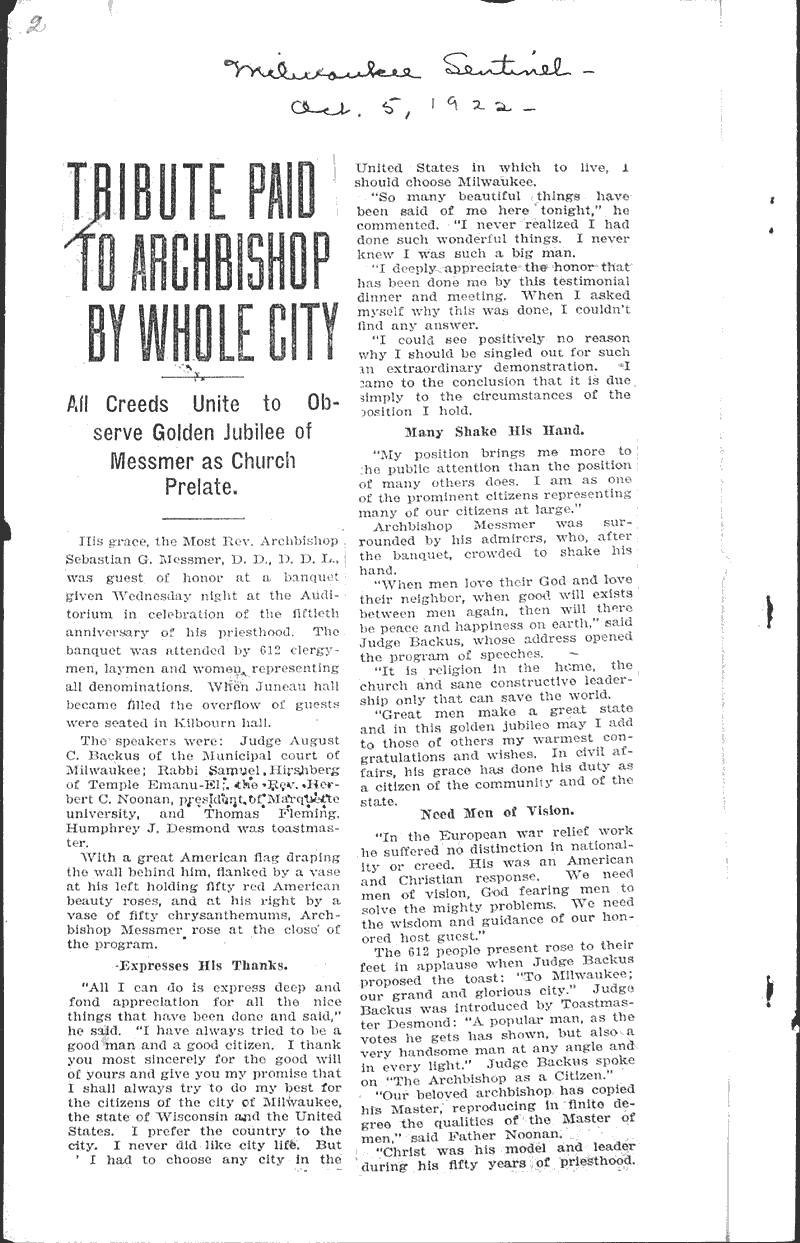  Source: Milwaukee Sentinel Topics: Church History Date: 1922-10-05
