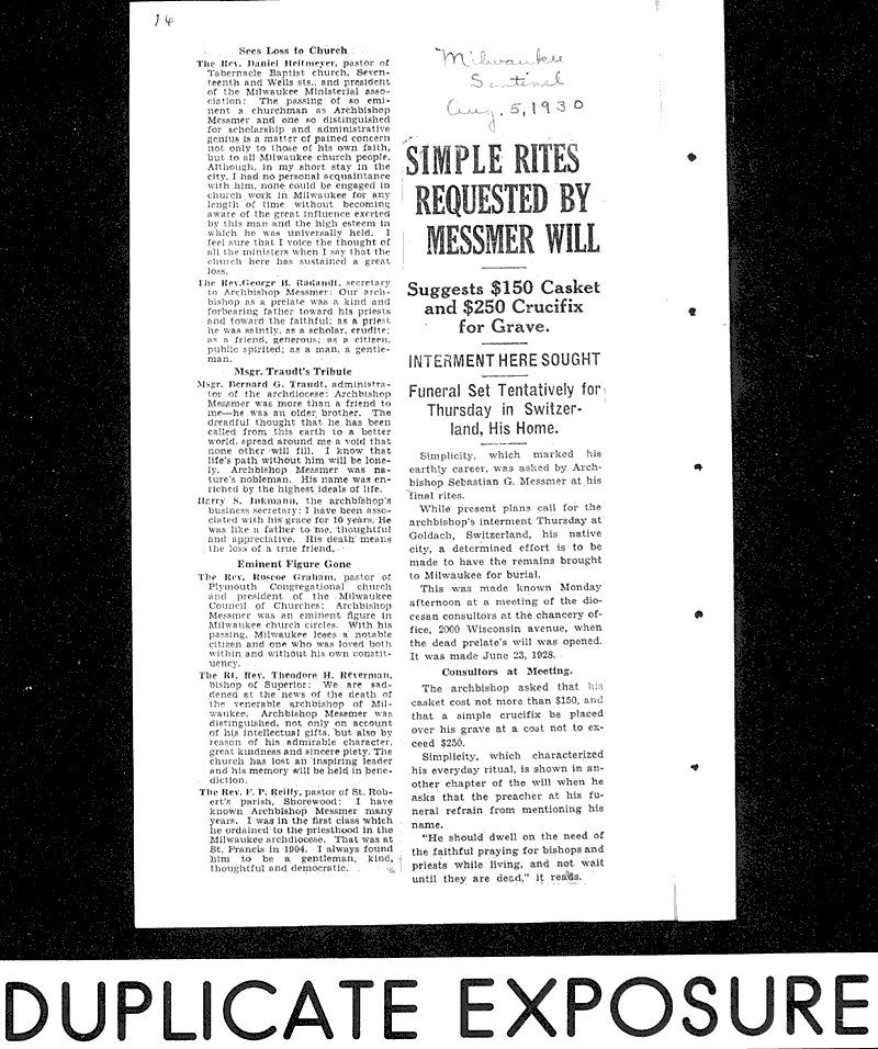  Source: Milwaukee Sentinel Topics: Church History Date: 1930-08-05