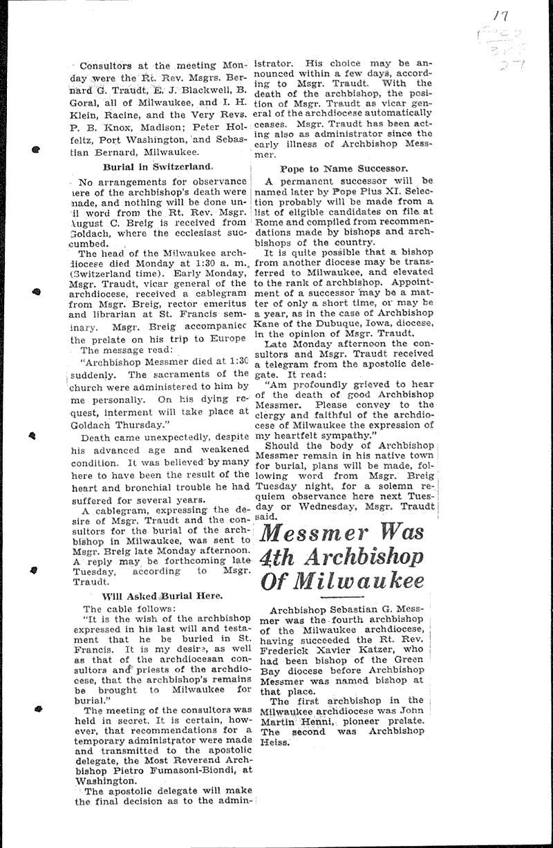  Source: Milwaukee Sentinel Topics: Church History Date: 1930-08-05