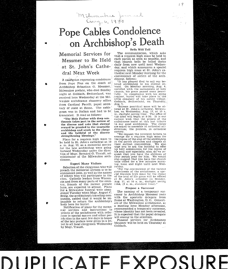  Source: Milwaukee Journal Topics: Church History Date: 1930-08-06