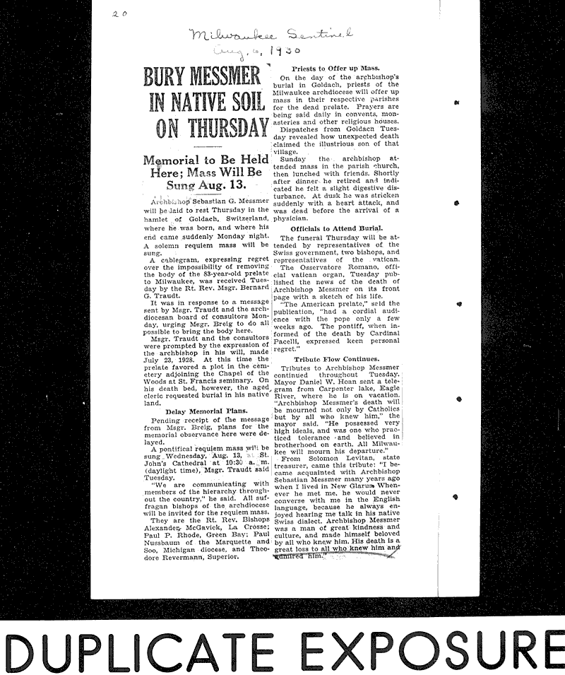  Source: Milwaukee Sentinel Topics: Church History Date: 1930-08-06