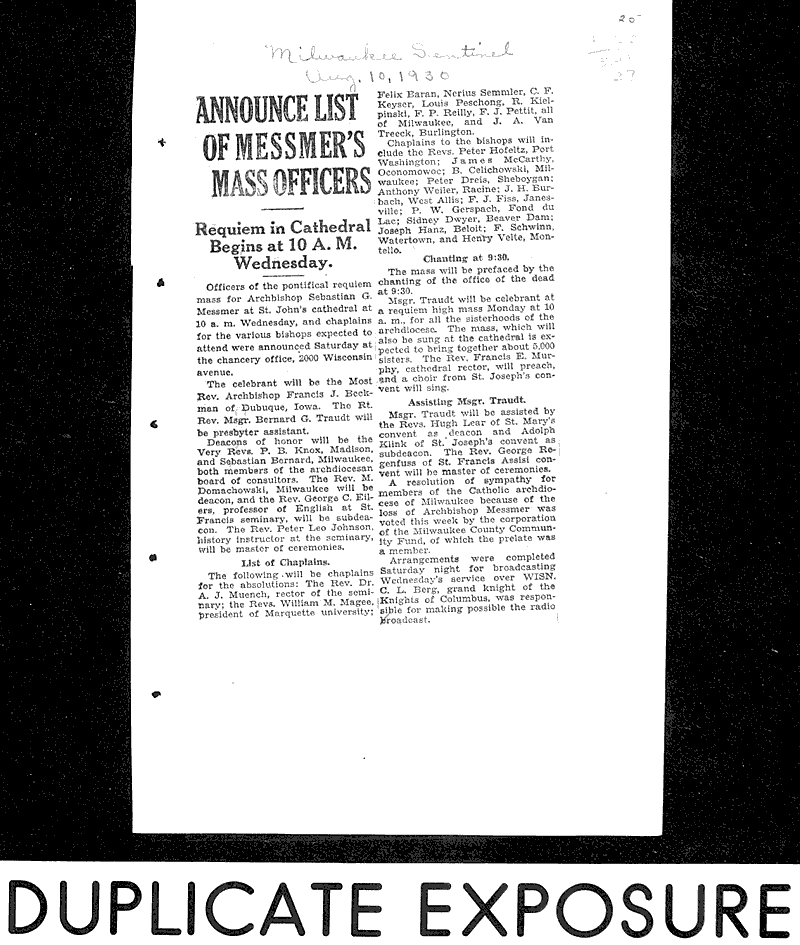  Source: Milwaukee Sentinel Topics: Church History Date: 1930-08-10