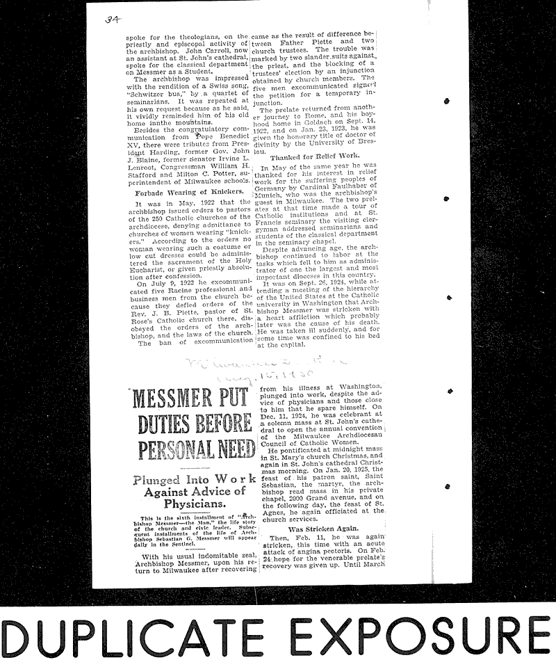  Source: Milwaukee Sentinel Topics: Church History Date: 1930-08-14