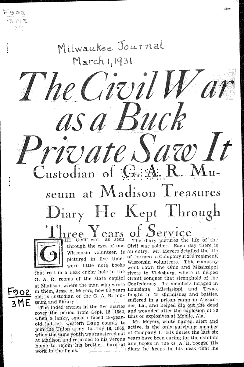  Source: Milwaukee Journal Topics: Civil War Date: 1931-03-01