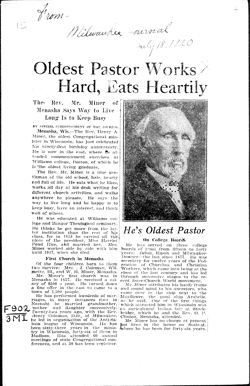  Source: Milwaukee Journal Topics: Church History Date: 1920-07-18