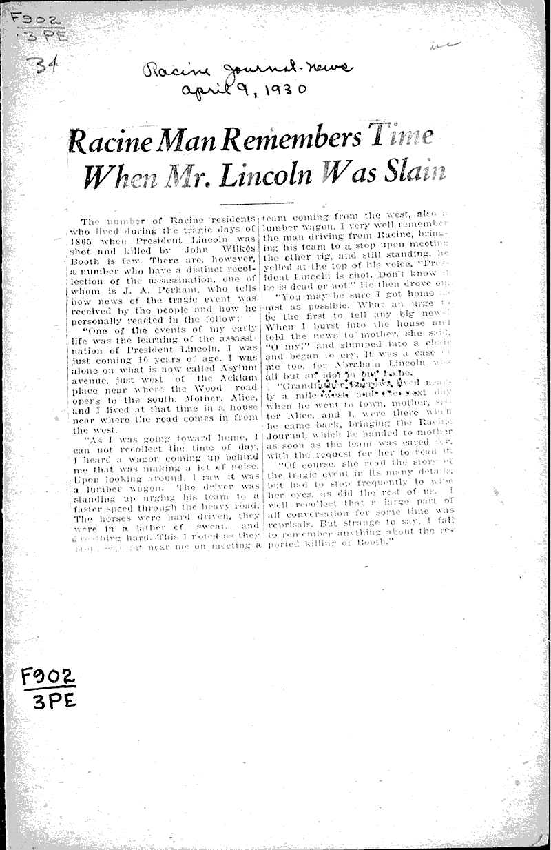  Source: Racine Journal-News Topics: Civil War Date: 1930-04-09