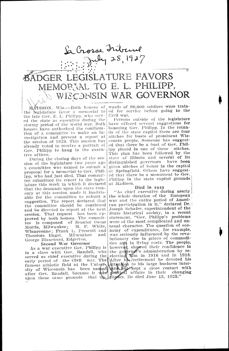  Source: LaCrosse Tribune Topics: Government and Politics Date: 1927-07-28
