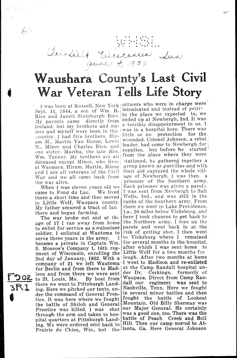  Source: Plainfield Sun Topics: Civil War Date: 1926-06-04