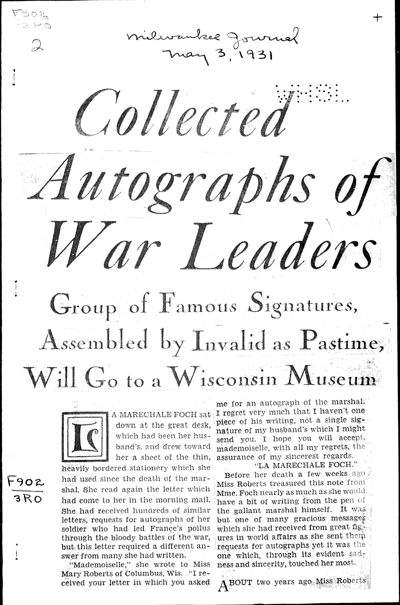  Source: Milwaukee Journal Topics: Wars Date: 1931-05-03
