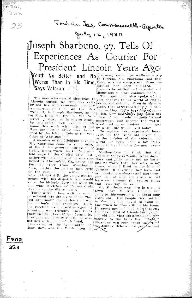  Source: Fond du Lac Commonwealth-Reporter Topics: Civil War Date: 1930-07-12