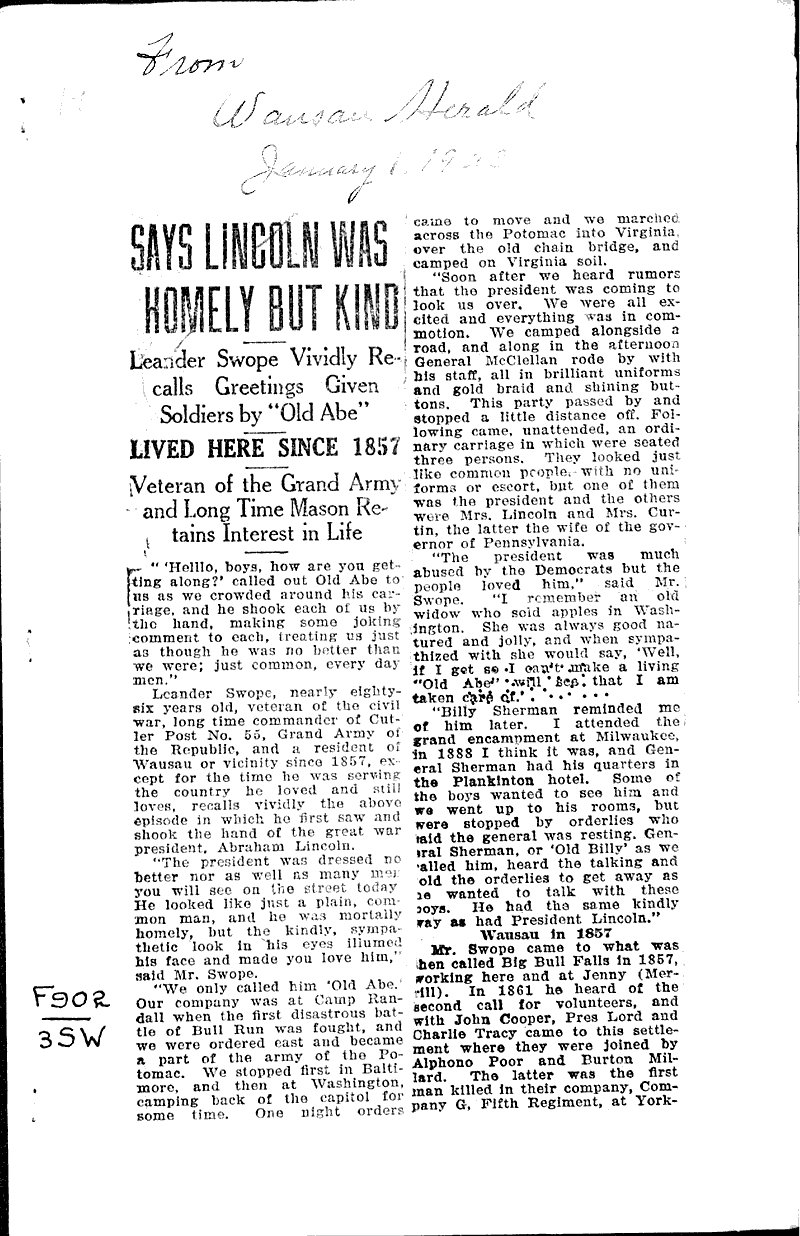  Source: Wausau Herald Topics: Civil War Date: 1923-01-01