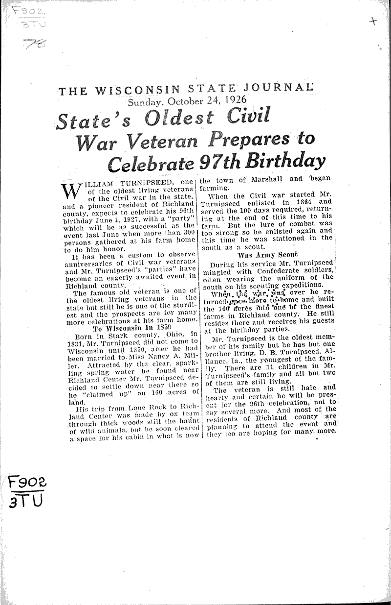  Source: Wisconsin State Journal Topics: Civil War Date: 1926-10-24
