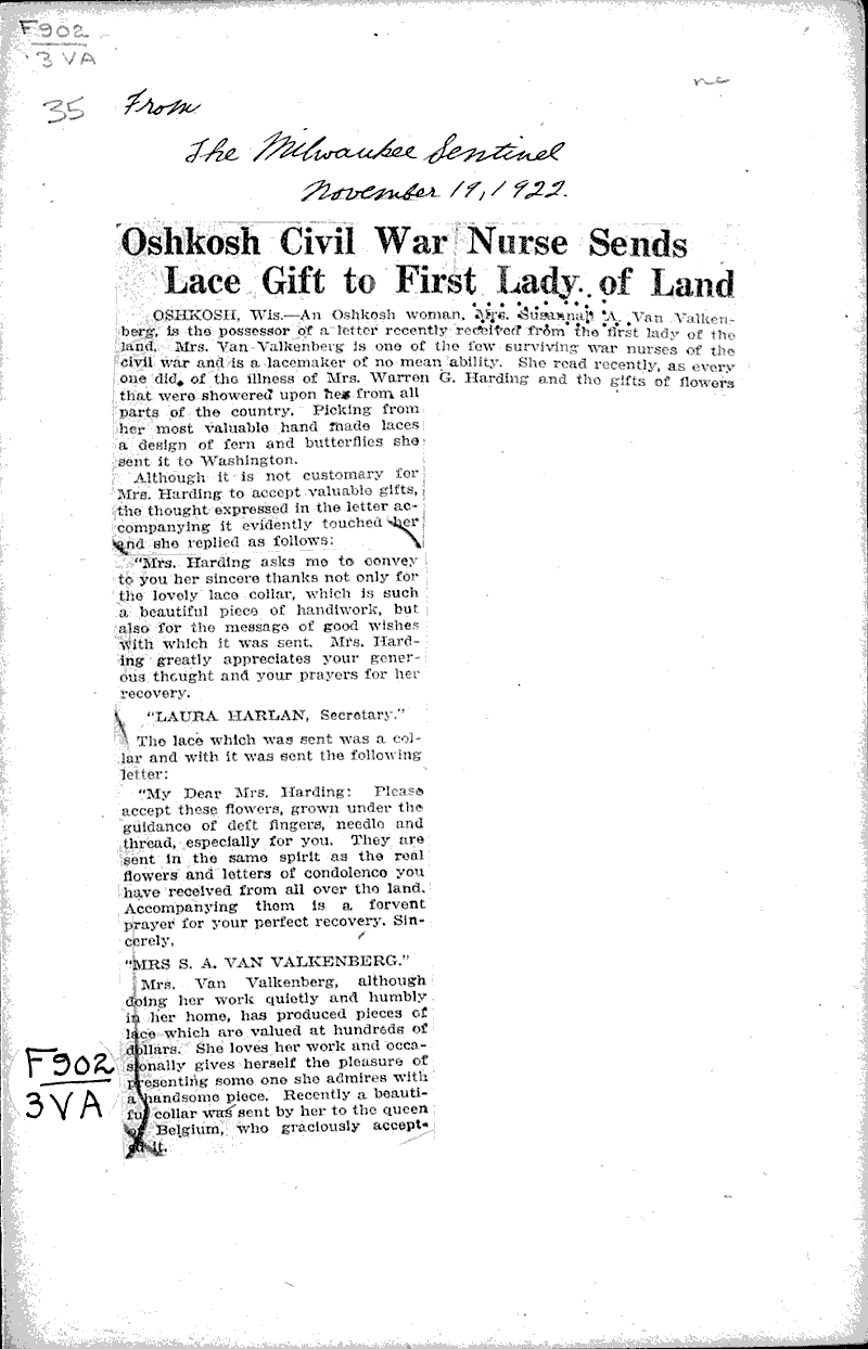  Source: Milwaukee Sentinel Topics: Civil War Date: 1922-11-19