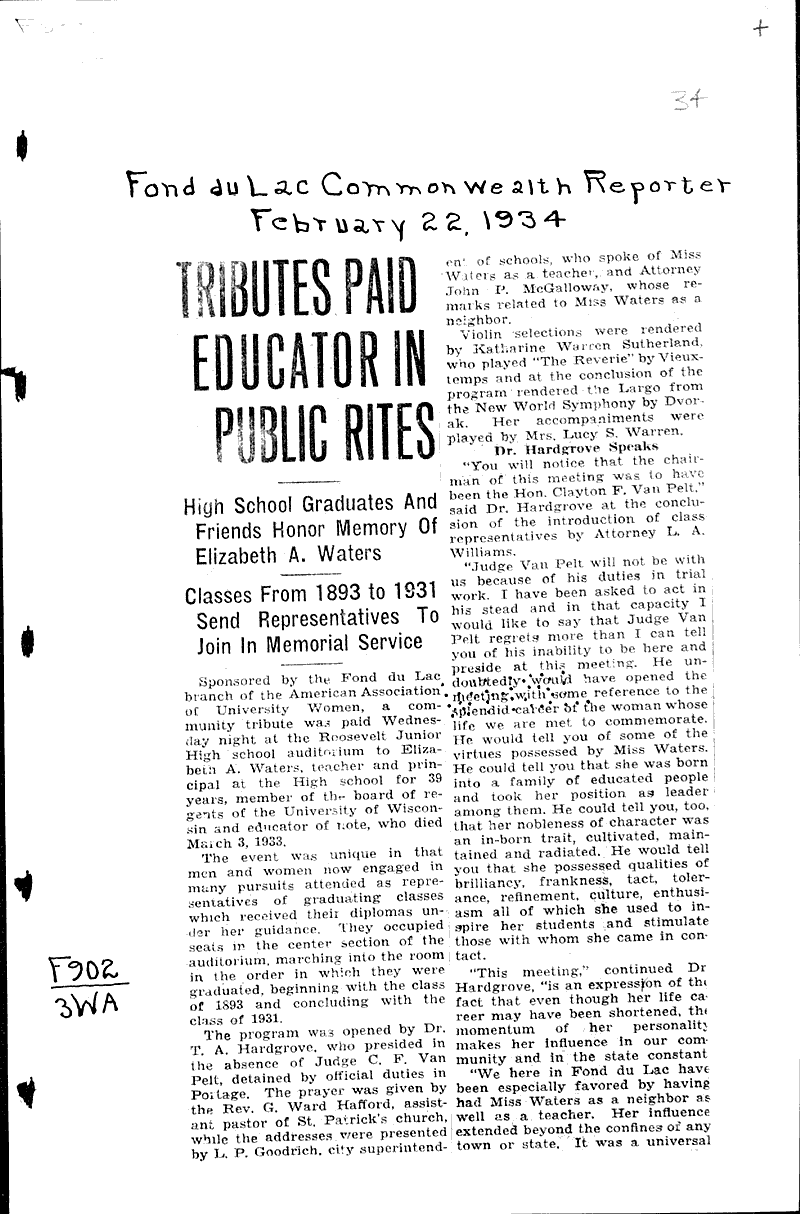  Source: Fond du Lac Commonwealth-Reporter Topics: Education Date: 1934-02-22